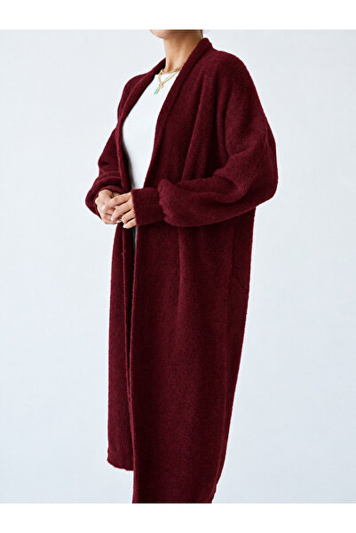 Vaveyla Kadın Bordo Yumuşak Dokulu Şal Yaka Sakal Hırka | Oversize & Rahat Model