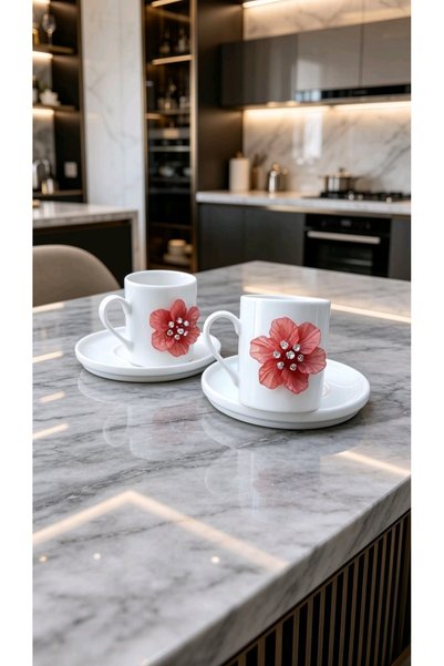 Cetiner Group Çetiner Group ®   Red Flower 2-Piece Porcelain Cup Set