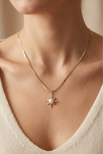 Okapi Steel Pearl Detailed Star Figured Necklace