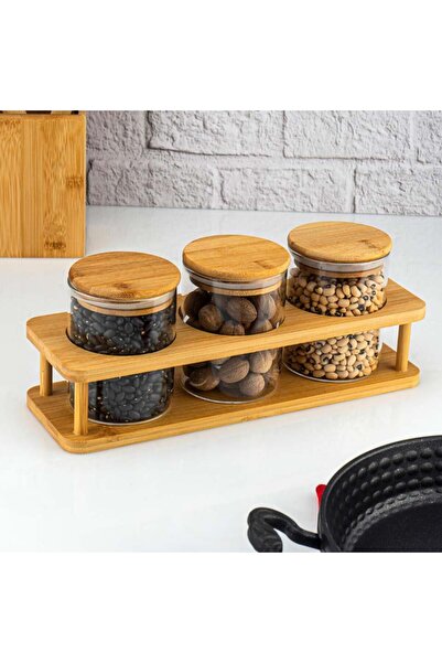 Altabi Glass Spice Set with Vacuum Lid, Airtight, 3-Piece, with Bamboo Stand,...