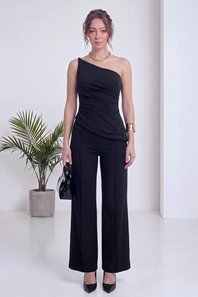 zks grup tekstil Women Strapless Asymmetric Collar Draped Blouse and Flare Pa...