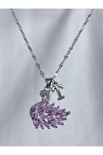 bijoux uniques 316L çelik aynalı zincir pembe zirkon taşlı T harfli kuğu kolye