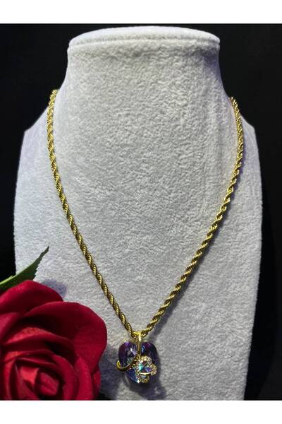 Gold Renk Çelik Kolye - Burgu Zincirli Mor Kristal Kalp Uçlu Zirkon Taş Detaylı Kadın Kolye