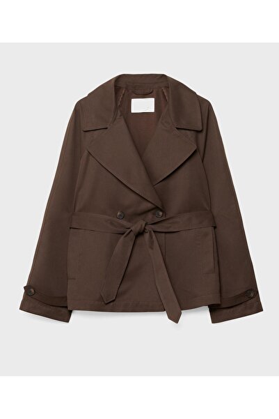 VESS MODA Women's Belted and Draped Double-Breasted Collared Short Trench Coat