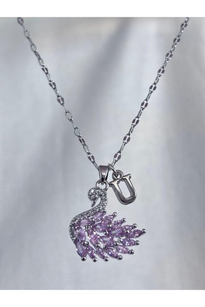 bijoux uniques 316L çelik aynalı zincir pembe zirkon taşlı U harfli kuğu kolye