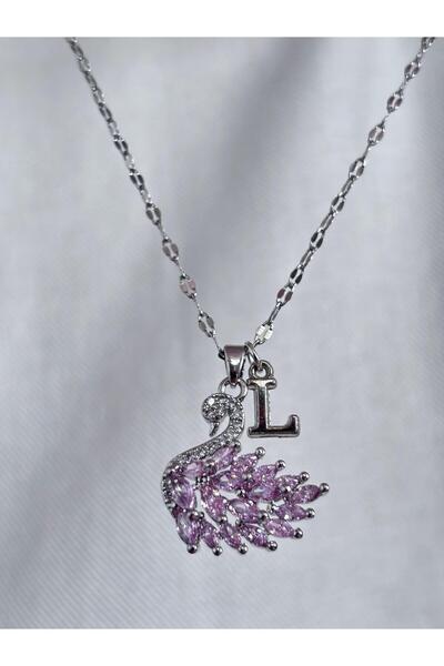 bijoux uniques 316L çelik aynalı zincir pembe zirkon taşlı L harfli kuğu kolye