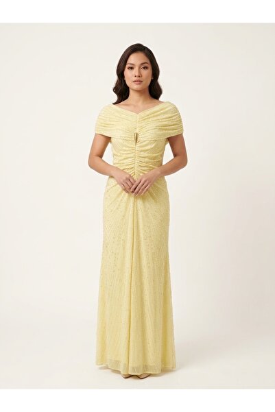 DVINA Lemon Ruched Evening Dress with Off-Shoulder Detail and Shimmering Sequins
