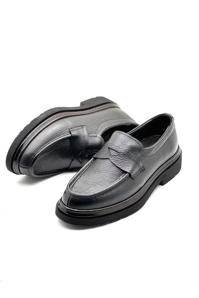 Derify Genuine Leather Black Men's Loafer Moccasin Shoes - Italian Design Thick Sole Casual & Classic Shoes