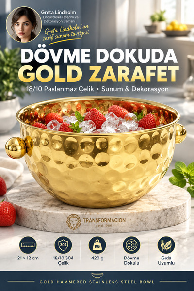 Transformacion Gold Çelik Dövme Model Mutfak ve Dekorasyon Kasesi 21x12 cm 18...