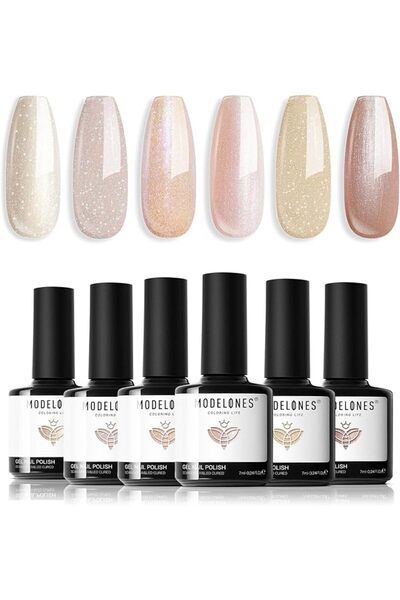 modelones Store مجموعة طلاء أظافر جل من موديلونز - 6 ألوان: عاري، وردي، أبيض ...