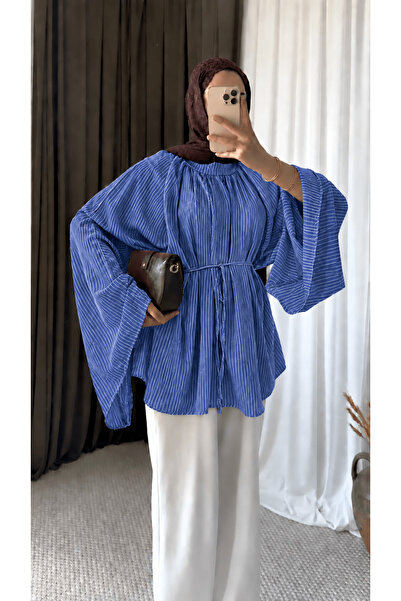 Hepsi Moda İspanyol Kol İnce Çizgili Oversize Tunik - Saks Mavisi