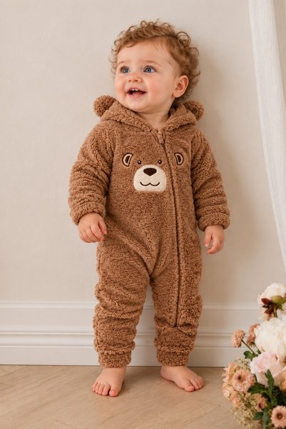 METEOR BABY Bebek Peluş Welsoft Tulum Ayıcık Detaylı Kapüşonlu Fermuarlı Tulum