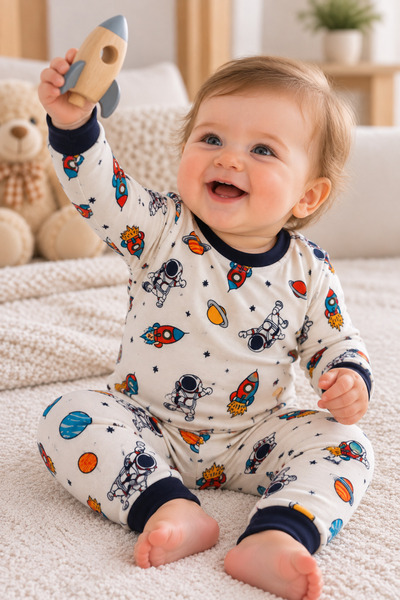 JANJAN %100 Pamuklu Uzay Temalı Çocuk Pijama Takımı – Uzun Kollu