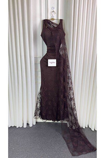 Angelinaa Soft Dress Elegant Feminine Style Luxurious Brown Lace Design Slim ...