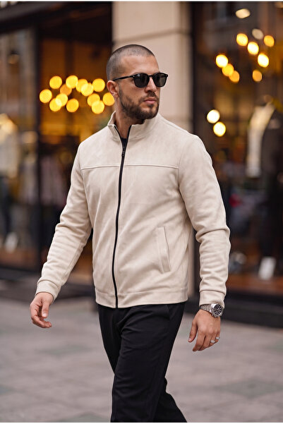BASEL.CO Basic Slim Fit Seasonal Stand Collar Suede Jacket