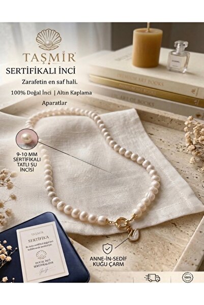 Taşmir Sertifikalı 9-10 mm Doğal Tatlı Su İncisi Kolye - Altın Kaplama Gemici...