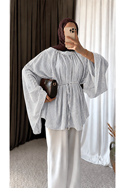 Hepsi Moda İspanyol Kol İnce Çizgili Oversize Tunik - Mavi & Beyaz