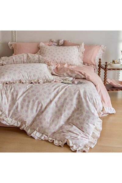 LifeTB Cotton Floral Duvet Cover Queen Girl Pink Flower Bedding Sets Garden Style Comforter Cover Pi