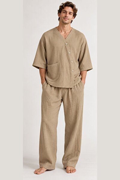 RELAXL Men's Fakir Sleeve Beige Muslin Pajama Set Wide Leg S-10Xl