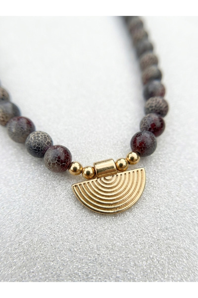 ILSA Sun Pendant Beaded Women's Necklace - Gray Glass Beads, Gold Color Sunse...