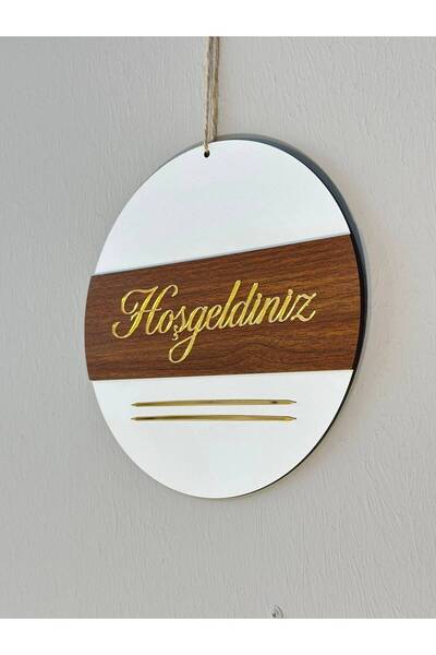 Hoşgeldiniz Yazılı Aynalı Pleksi Ahşap Kapı Süsü 23cm