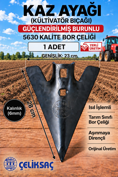 24cm Güçlendirilmiş Burunlu Kazayağı Kültivatör Bıçağı Isıl İşlemli 6mm 1 Adet