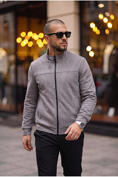 BASEL.CO Basic Slim Fit Seasonal Stand Collar Suede Jacket