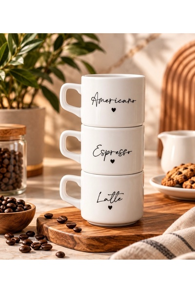Aşkana yuvanıza aşkla... Aşkan'A 3-Piece Premium Ceramic Coffee Cup Set, 200 Ml, Espresso Latte Americano Written Mug Cup Set
