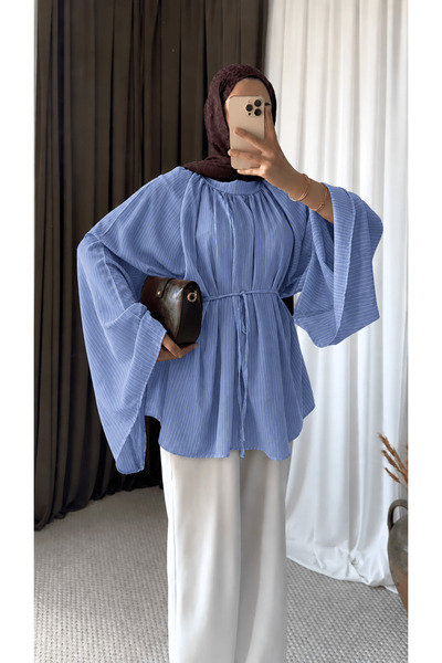 Hepsi Moda İspanyol Kol İnce Çizgili Oversize Tunik - Bebe Mavisi