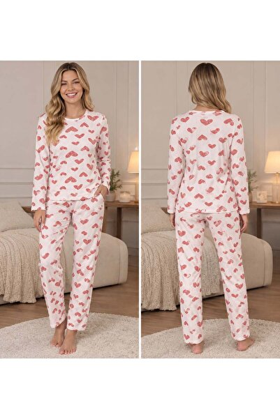 Pembe Kalp Desenli Fitilli Kaşkorse Pijama Takımı Uzun Kollu Ev Giyimi