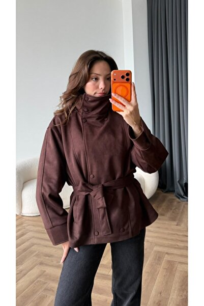 Blanco Women's Imported Soft Textured Zr Model High Collar Belted Suede Jacket