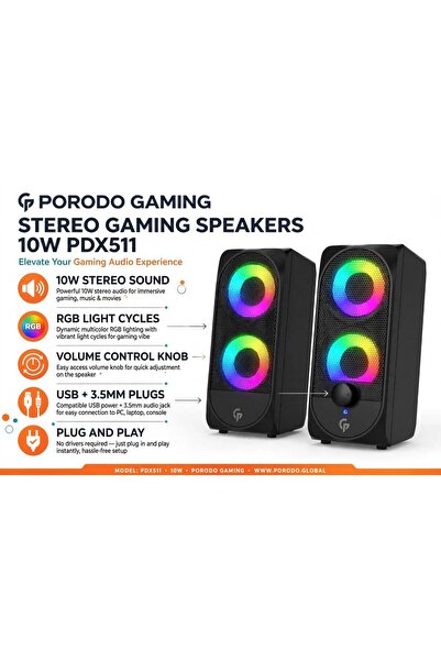 porodo سماعات العاب ستيريو Gaming 10 واط RGB مضيئة - تحكم بالصوت - USB