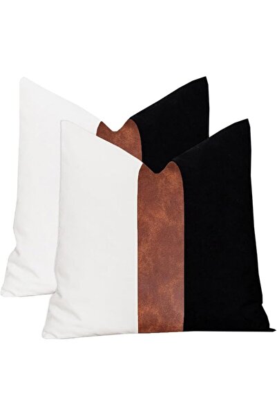 Vfuty Set of 2 Faux Leather and Cotton Patchwork Throw Pillow Covers 18x18 In...