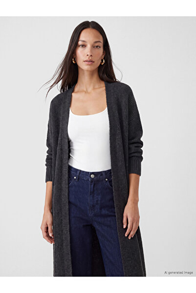 LC Waikiki Nevavm Anthracite Knitwear Plain Midi Women's Cardigan with a Diff...
