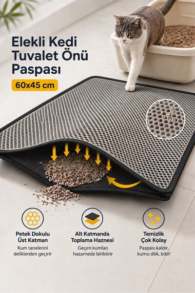 Kurtbay Şekil Elekli Kedi Tuvaleti Önü Paspası 60x45 cm Kum Tutucu Petek Yüze...