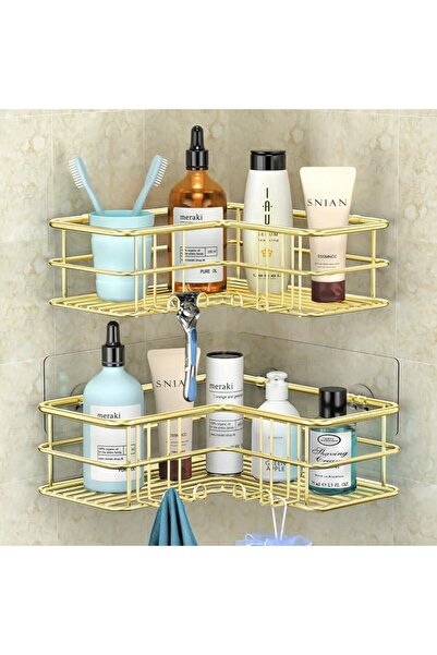 Menbyci 2 Pack Corner Shower Caddy, Adhesive Bathroom Shelf with 8 Hooks, Rus...