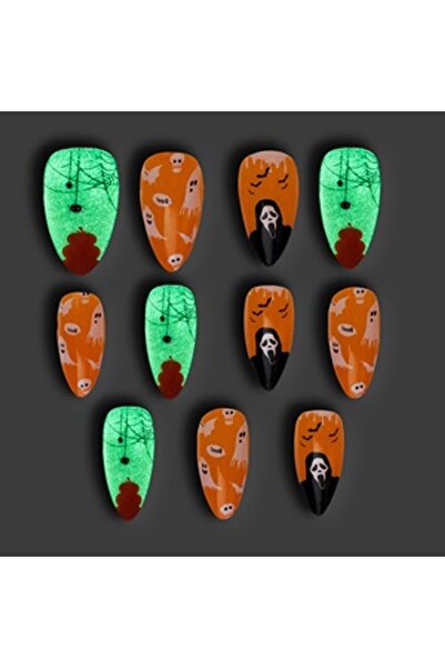 DD SHOP Set Unghii False Halloween Glow in the Dark cu Adeziv Ovale Portocali...