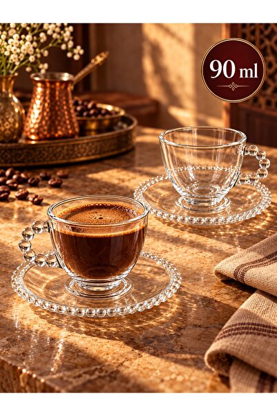 kumkumticaret Pearl Beaded Handle Glass Turkish Coffee Cup and Saucer Set 90 ...