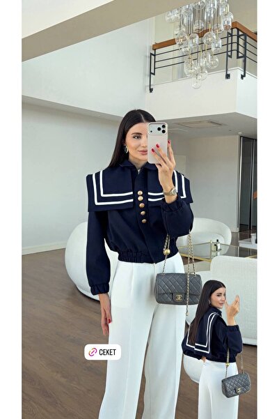 Butik Beyza Denizci Yaka Gold Düğmeli Crop Ceket