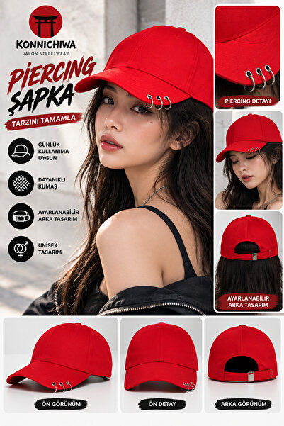FG KONNİCHİWA Bts Korean Pop Piercing Detailed Hat – Black, White and Red Adj...