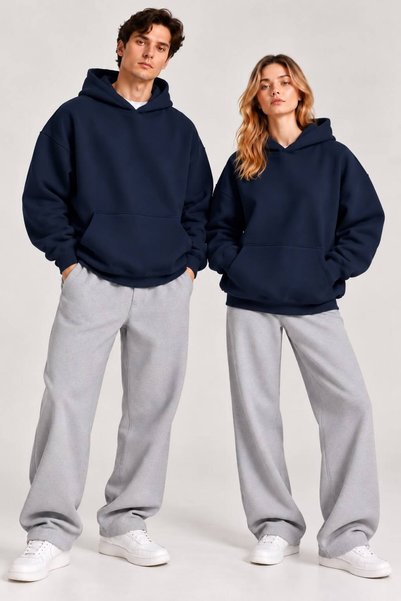 Unisex Oversize Lacivert 3 İplik Şardonlu Kapüşonlu Kanguru Cep Sweatshirt Hoodie