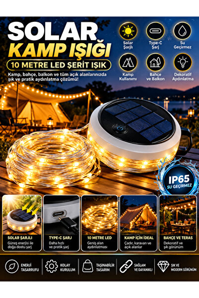 VEROXA Solar Kamp Işığı 10 Metre LED Şerit Işık Type-C Şarjlı Su Geçirmez Çad...