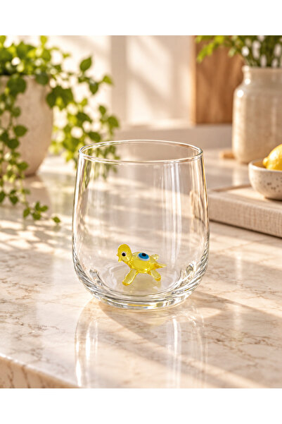 ADAMODART Red Evil Eye Detailed Turtle Glass Water Cup with Glass Figure - Si...