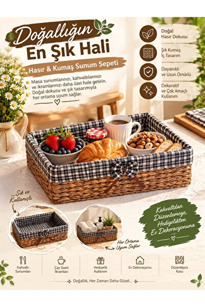 Tekli, Dekoratif, Çıkarılabilir Kumaş Detaylı, Çok Amaçlı Hasır Sunum Sepeti