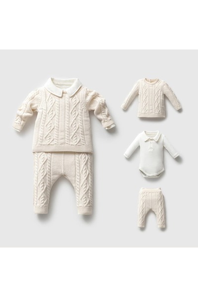 STRAWBABY Nipperland Hair Knitwear Baby Boy 3-Piece Set - Polo Collar Bodysui...