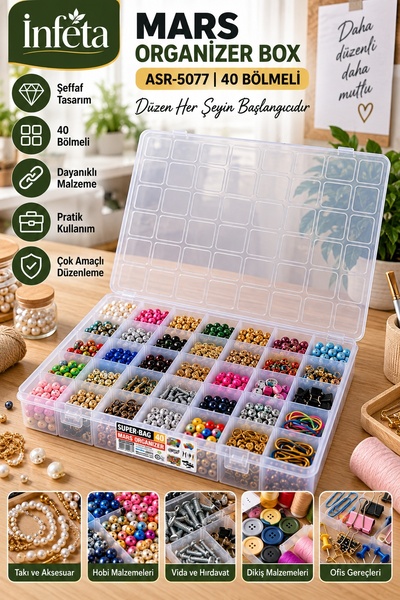 İnfeta 40 Bölmeli Şeffaf Organizer Kutu 39x30x5,5 cm Çok Amaçlı Malzeme Düzen...