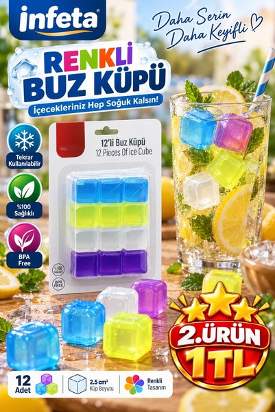 İnfeta 12-Pack 2.5cm Reusable Ice Cube Water-Filled Colorful Plastic Beverage...