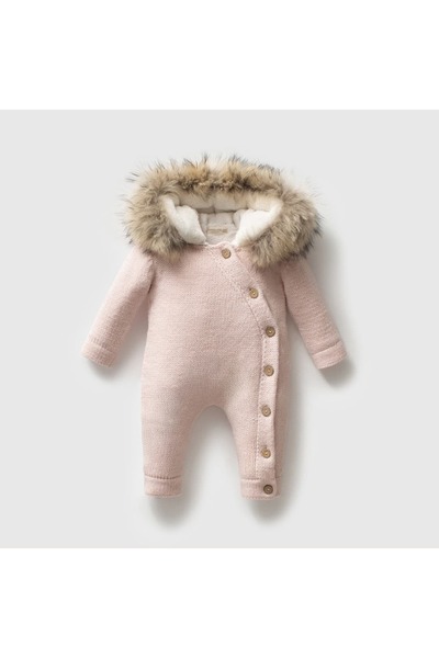 STRAWBABY Nipperland Hooded Fur Detailed Plush Inside Baby Knitwear Jumpsuit ...