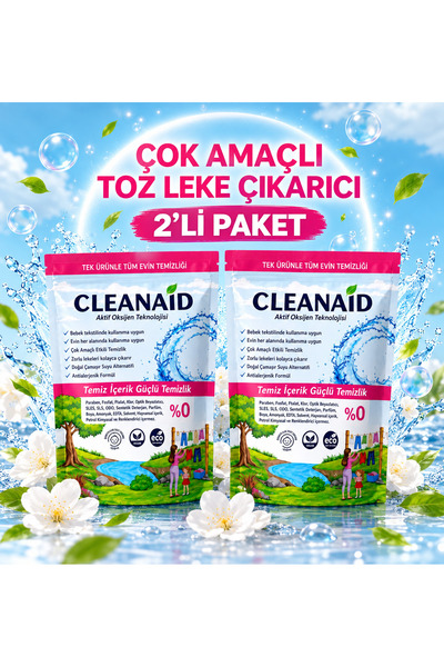 Aktif Oksijenli Çok Amaçlı Toz Leke Çıkarıcı 2'li Paket 2 x 800 Gr Tüm Yüzeyler ve Çamaşırlar için Clean Aid
