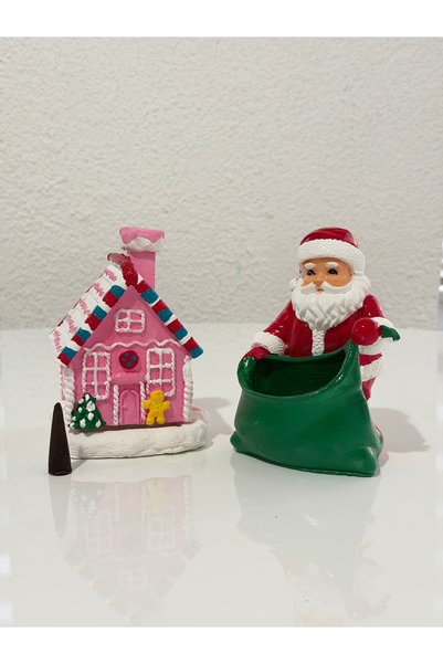 ELBUCOLECTION Pembe Şeker Ev Ve Sepetli Noel Baba Figürü Tütsü El Yapımı